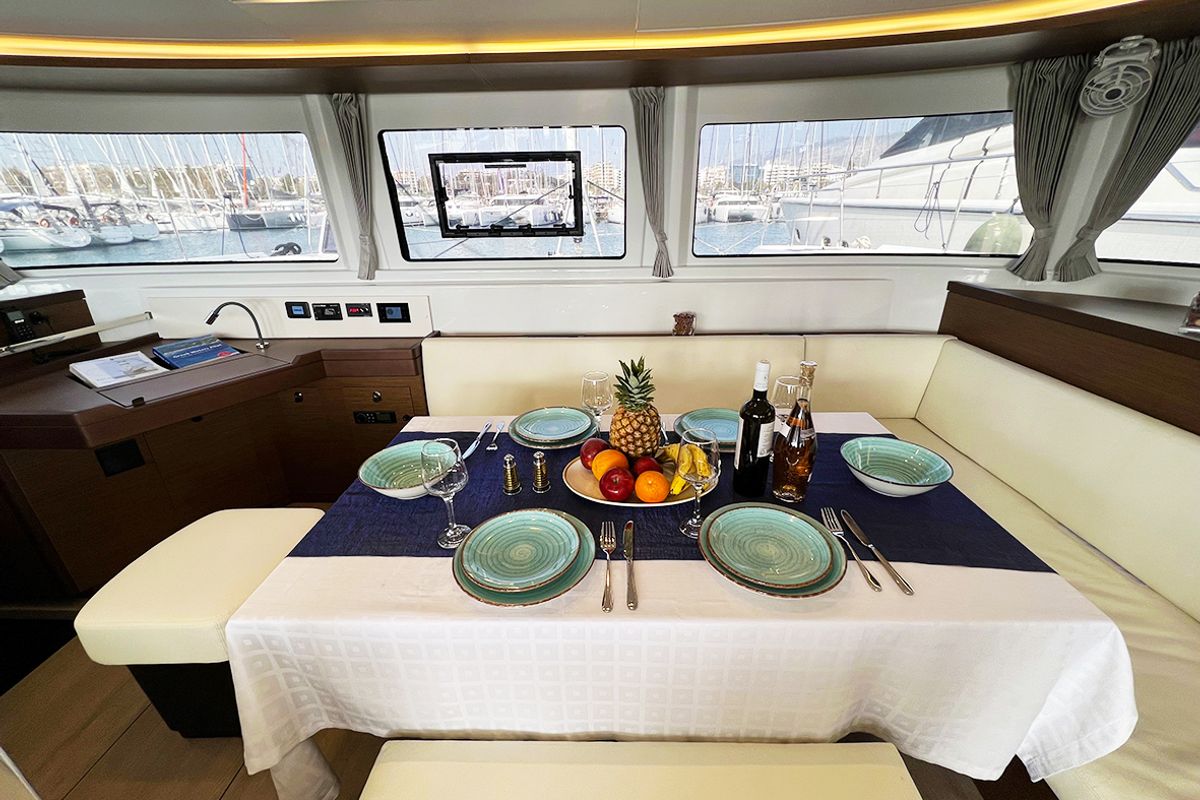 Salon of Galaxy, a Lagoon 46 catamaran at Athens, Greece