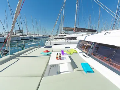 Deck of Marie, a Bali Catsmart catamaran at Volos Municipality, Greece
