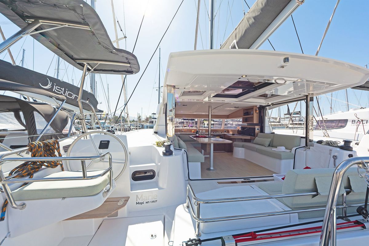 Cockpit of Marie, a Bali Catsmart catamaran at Volos Municipality, Greece