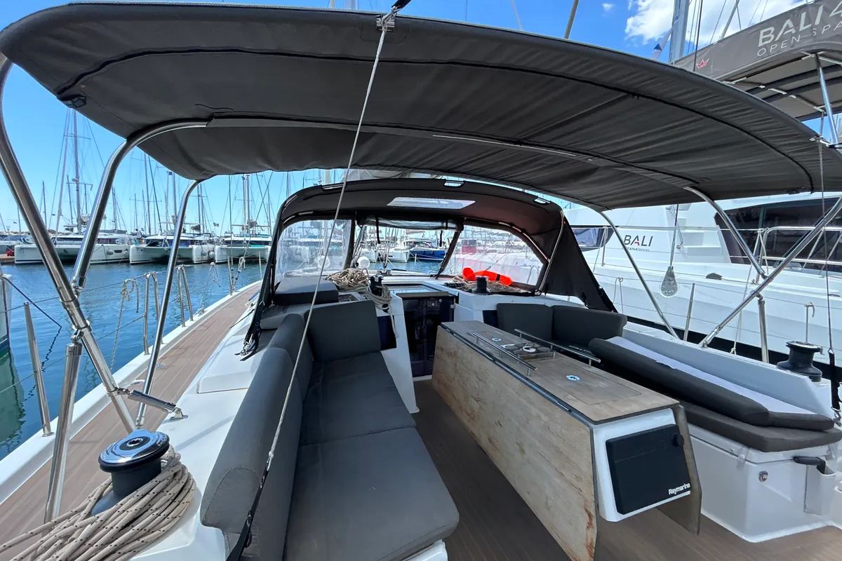 Deck of Emma, a Dufour 470 sailboat at Olbia, Italy