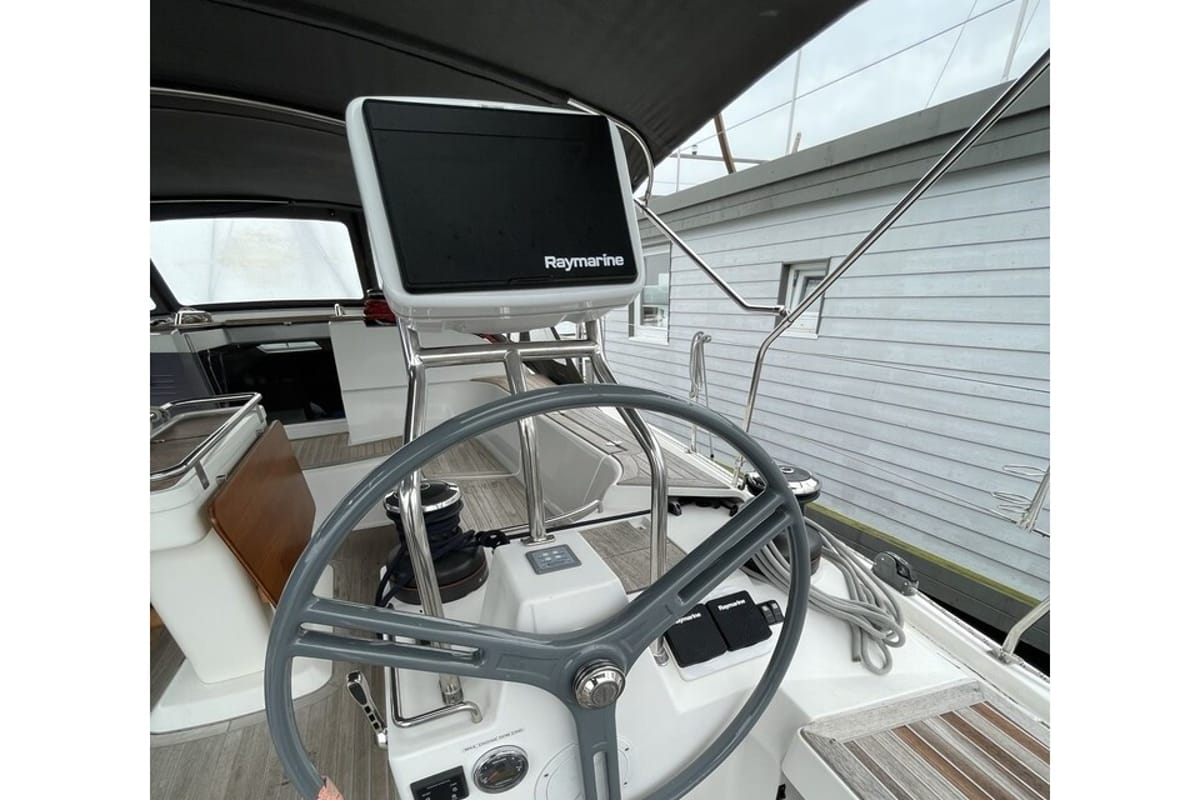 Cockpit of Fifty Shades, a Elan Impression 50 sailboat at es Jonquet, Spain