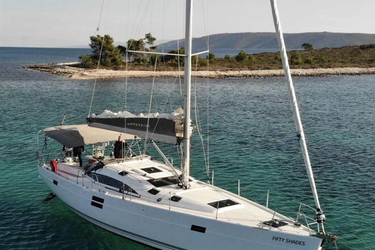 Exterior view of Fifty Shades, a Elan Impression 50 sailboat at es Jonquet, Spain