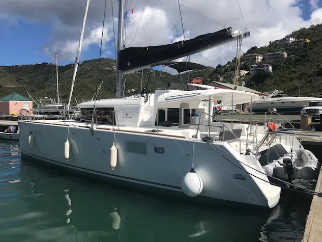 Paula, a Lagoon Lagoon 450 Fly catamaran at Sant Antoni de Portmany, Spain
