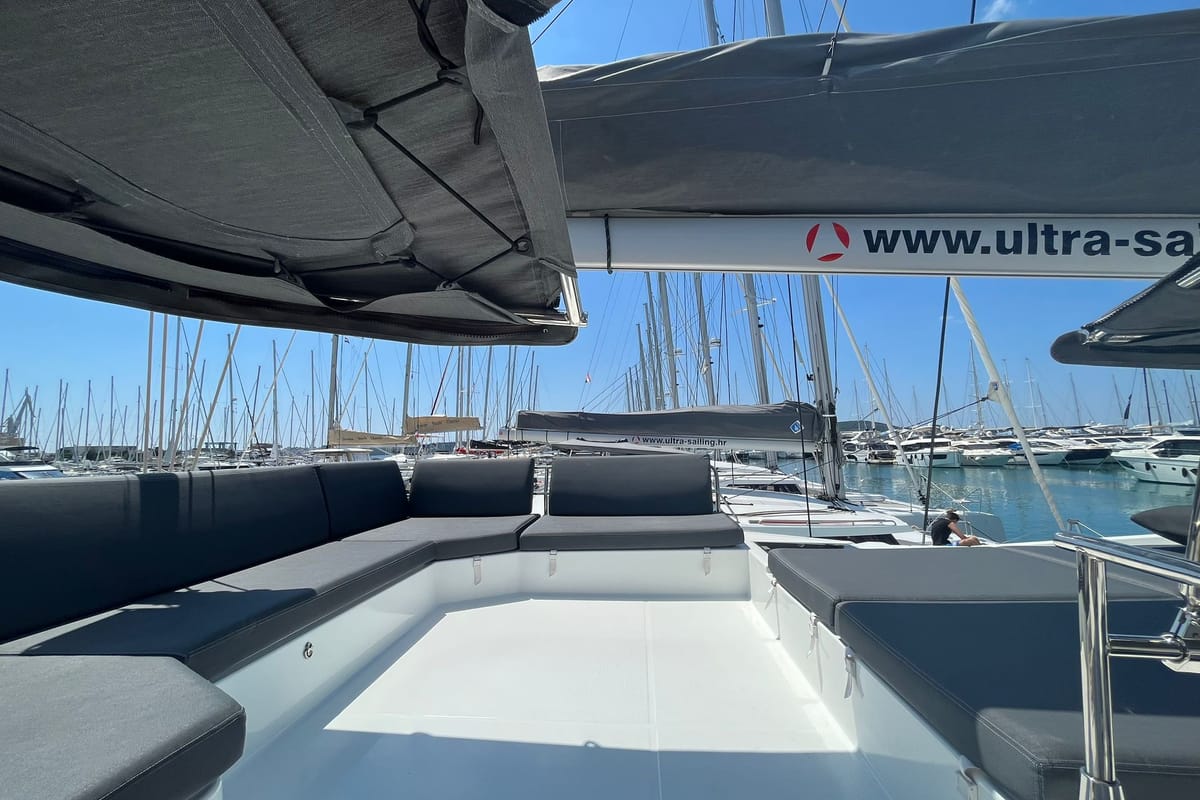 Deck of DREAMCATCHER, a Fountaine Pajot Elba 45 catamaran at Seget Donji, Croatia
