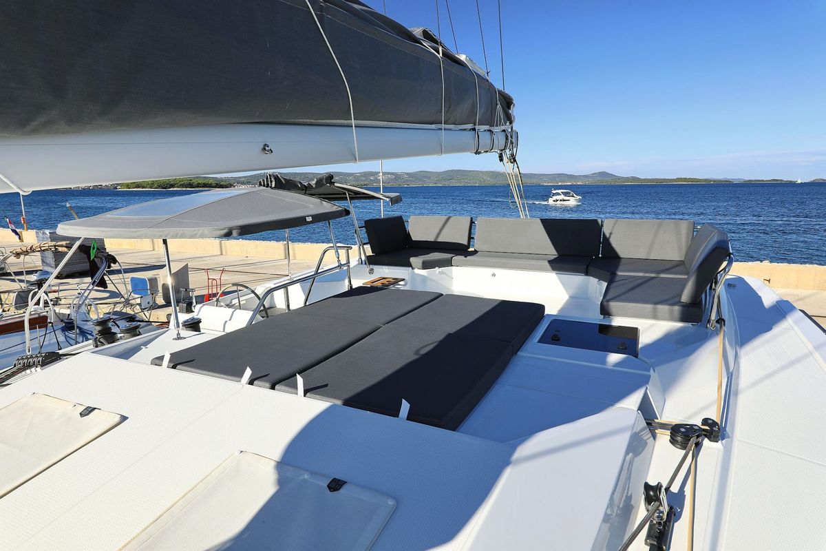 Deck of DREAMCATCHER, a Fountaine Pajot Elba 45 catamaran at Seget Donji, Croatia