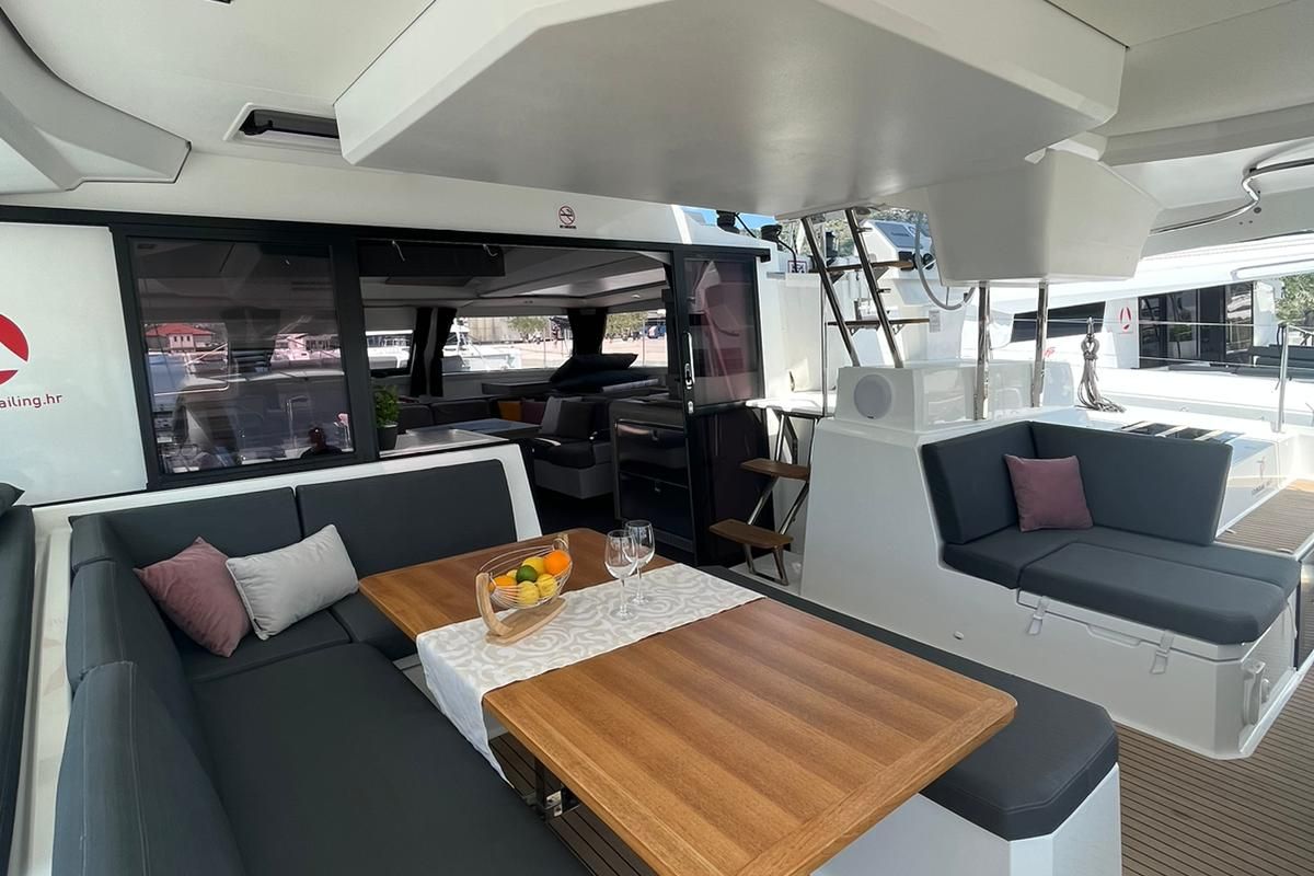 Deck of DREAMCATCHER, a Fountaine Pajot Elba 45 catamaran at Seget Donji, Croatia