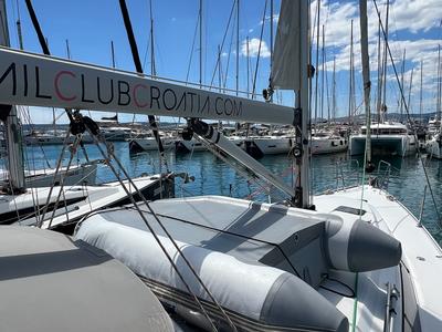 Deck of Enja, a Bavaria Cruiser 41 sailboat at Grad Kaštela, Croatia
