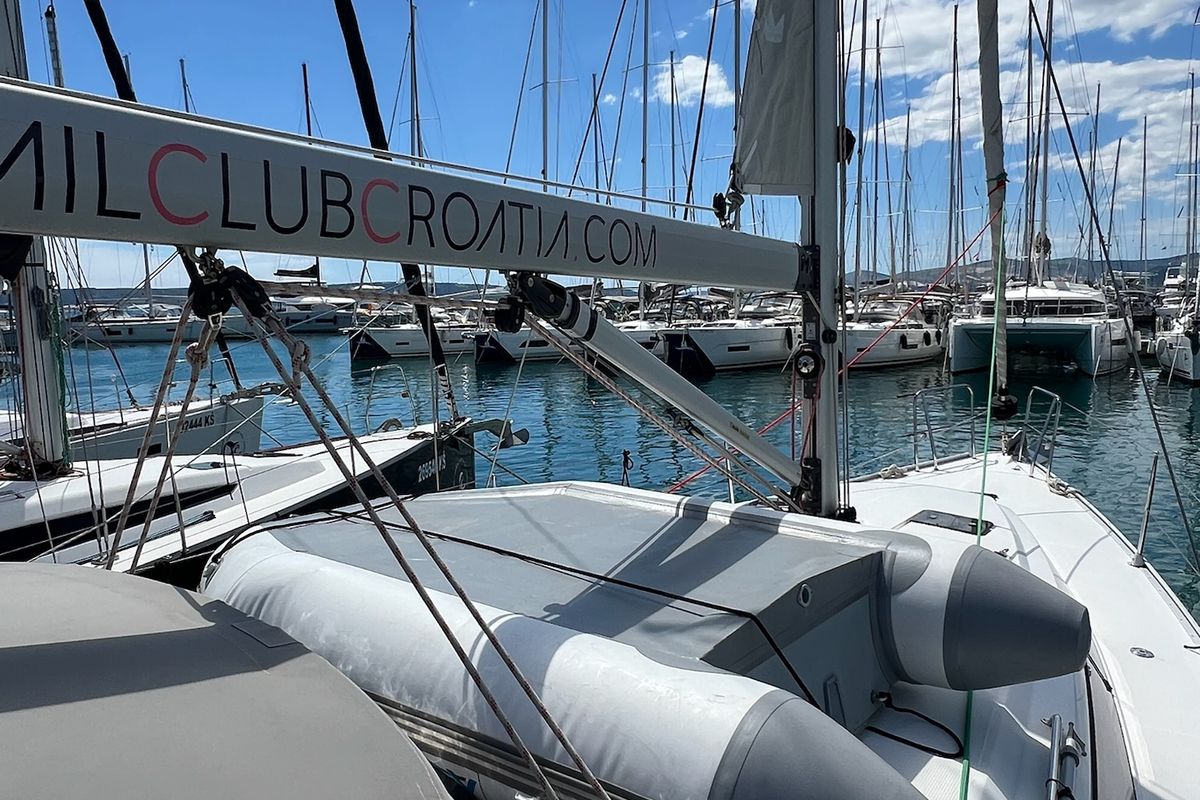 Deck of Enja, a Bavaria Cruiser 41 sailboat at Grad Kaštela, Croatia