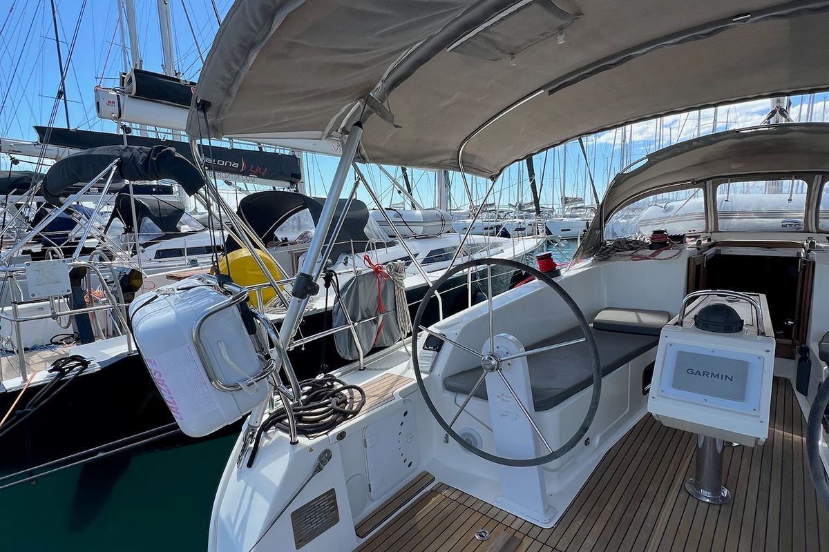 Cockpit of Enja, a Bavaria Cruiser 41 sailboat at Grad Kaštela, Croatia