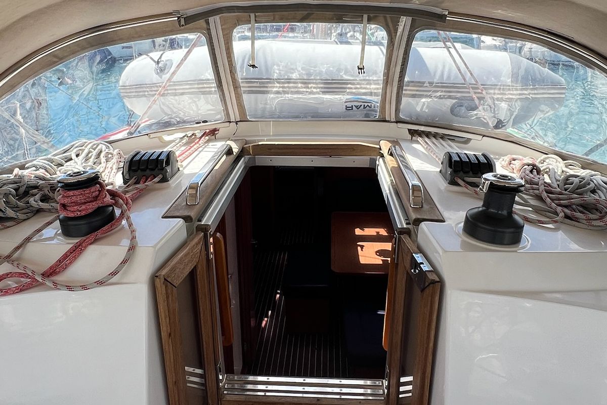 Cockpit of Enja, a Bavaria Cruiser 41 sailboat at Grad Kaštela, Croatia