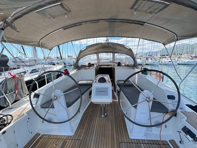 Cockpit of Enja, a Bavaria Cruiser 41 sailboat at Grad Kaštela, Croatia