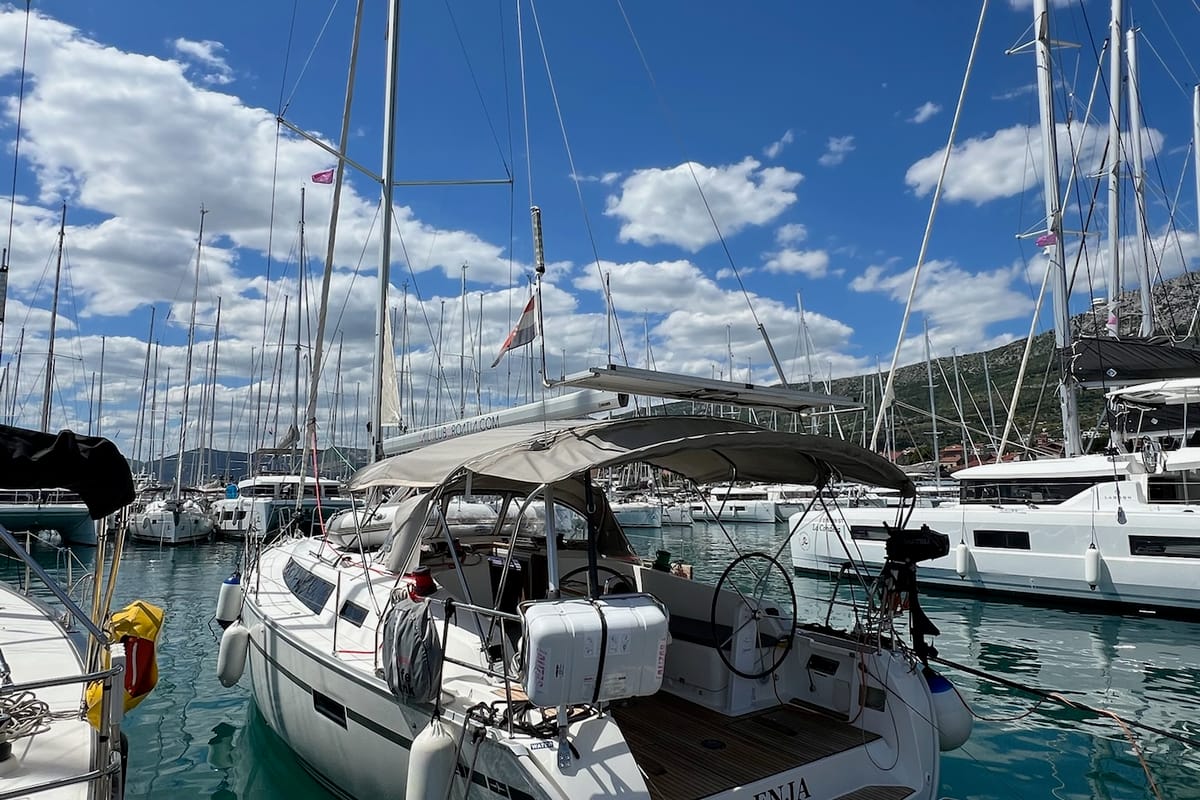 Exterior view of Enja, a Bavaria Cruiser 41 sailboat at Grad Kaštela, Croatia
