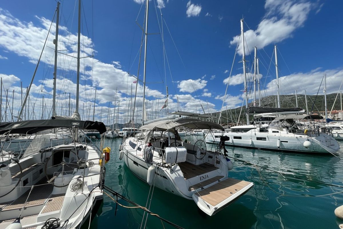 Exterior view of Enja, a Bavaria Cruiser 41 sailboat at Grad Kaštela, Croatia