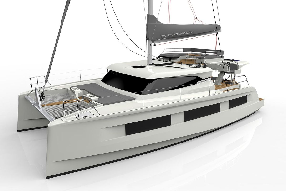 Exterior view of Le Villi, a Aventura Catamarans Aventura 45 catamaran at Sant Antoni de Portmany, Spain