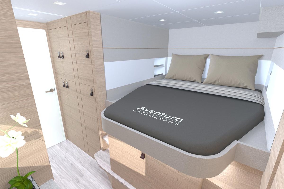 Cabin on Le Villi, a Aventura Catamarans Aventura 45 catamaran at Sant Antoni de Portmany, Spain