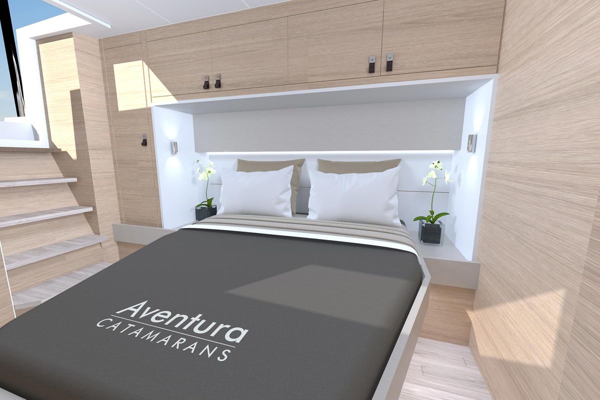 Cabin on Le Villi, a Aventura Catamarans Aventura 45 catamaran at Sant Antoni de Portmany, Spain