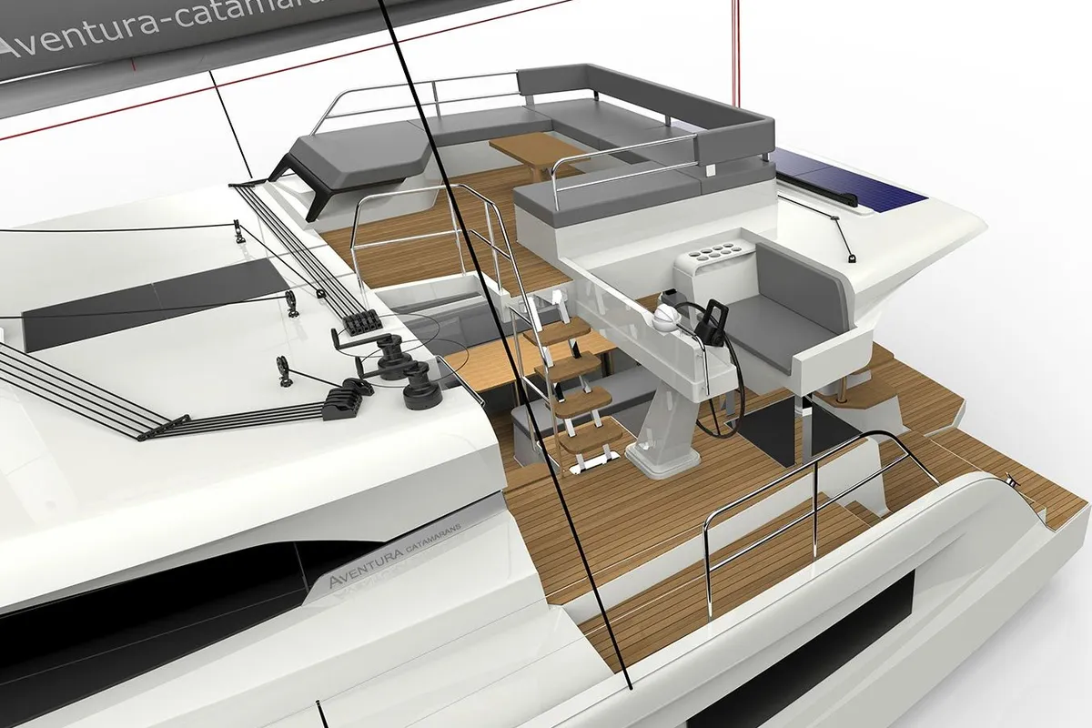 Deck of Le Villi, a Aventura Catamarans Aventura 45 catamaran at Sant Antoni de Portmany, Spain