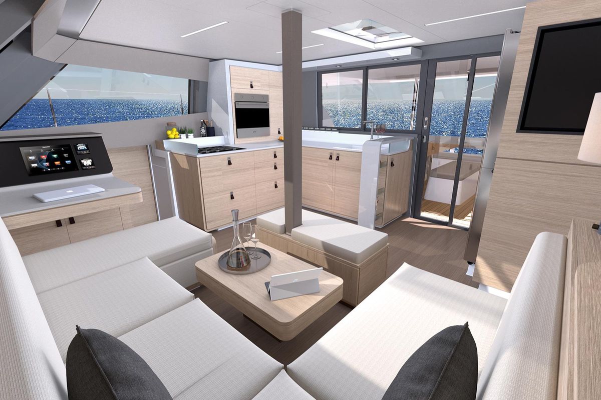 Salon of Le Villi, a Aventura Catamarans Aventura 45 catamaran at Sant Antoni de Portmany, Spain
