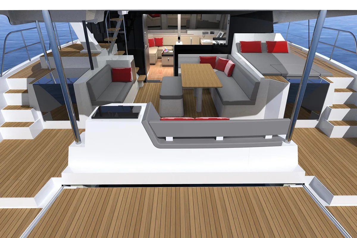 Deck of Le Villi, a Aventura Catamarans Aventura 45 catamaran at Sant Antoni de Portmany, Spain