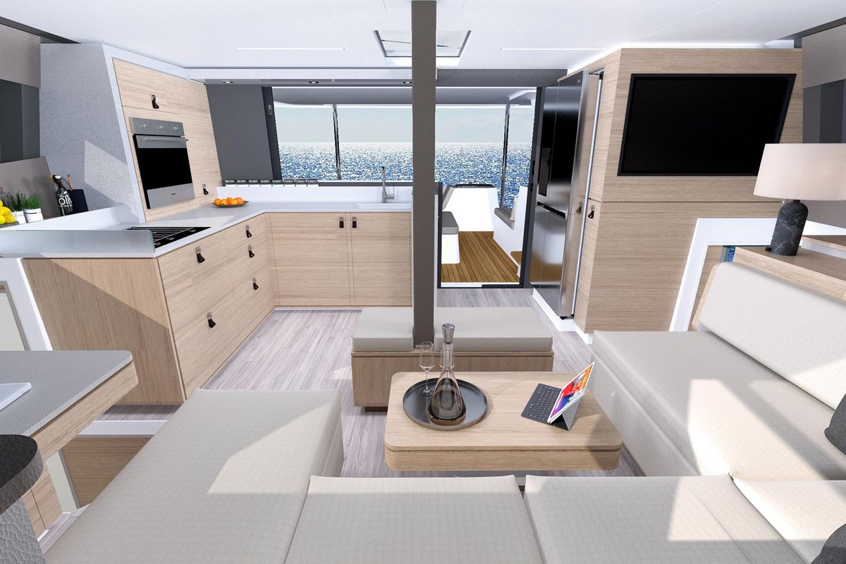 Salon of Le Villi, a Aventura Catamarans Aventura 45 catamaran at Sant Antoni de Portmany, Spain