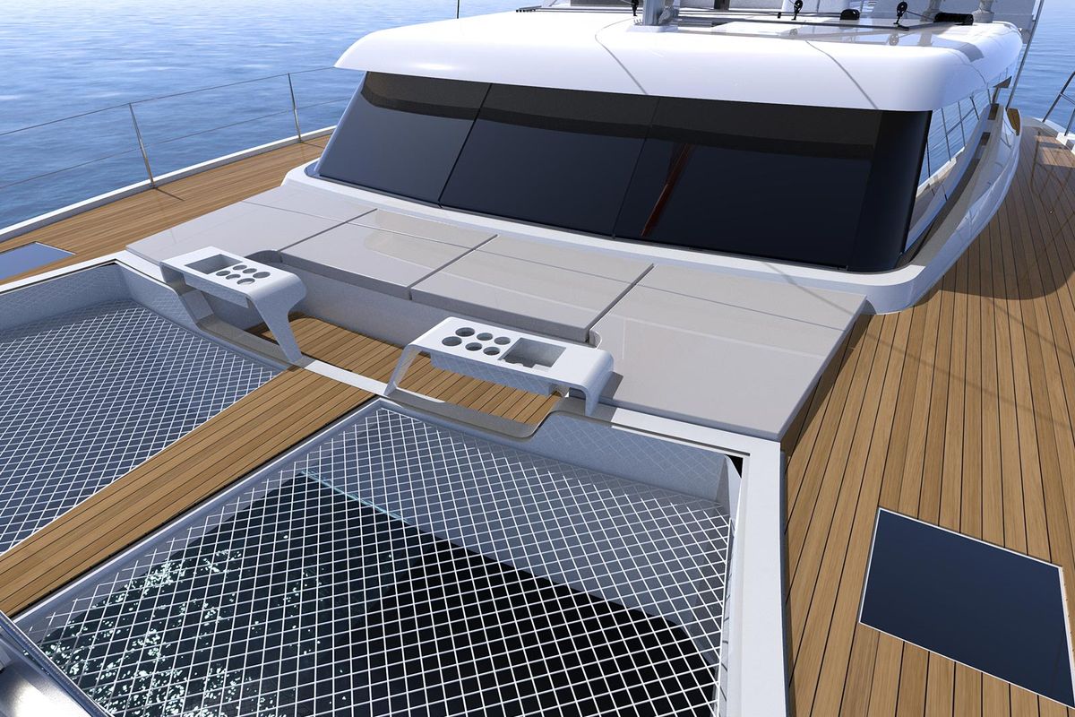 Deck of Le Villi, a Aventura Catamarans Aventura 45 catamaran at Sant Antoni de Portmany, Spain