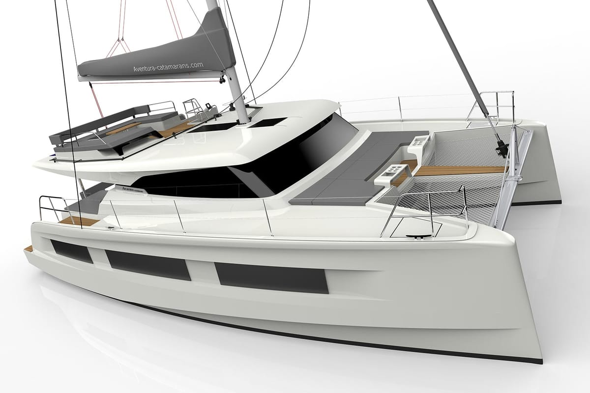 Exterior view of Le Villi, a Aventura Catamarans Aventura 45 catamaran at Sant Antoni de Portmany, Spain