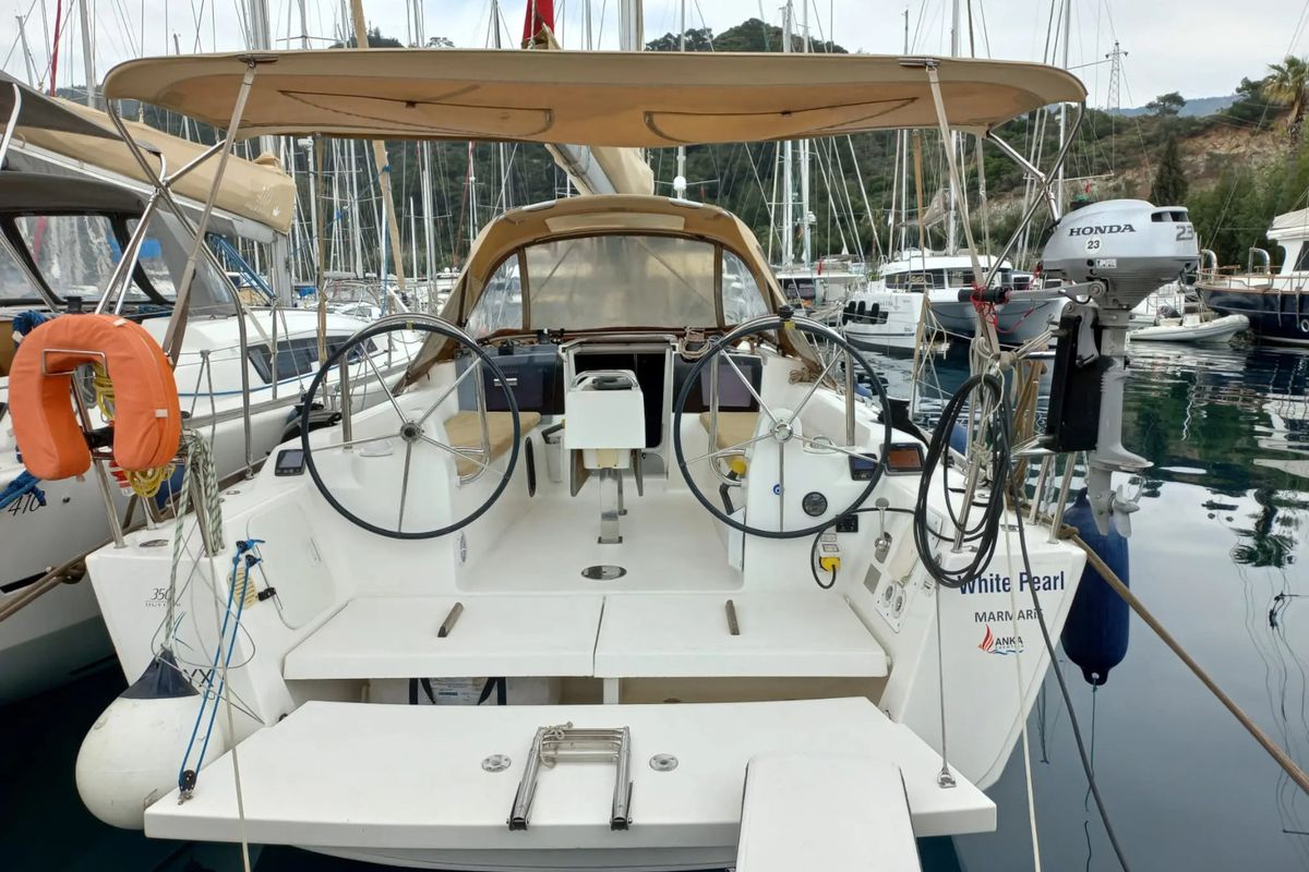 Cockpit of White Pearl, a Dufour 350 Grand Large sailboat at Marmaris, Turkey