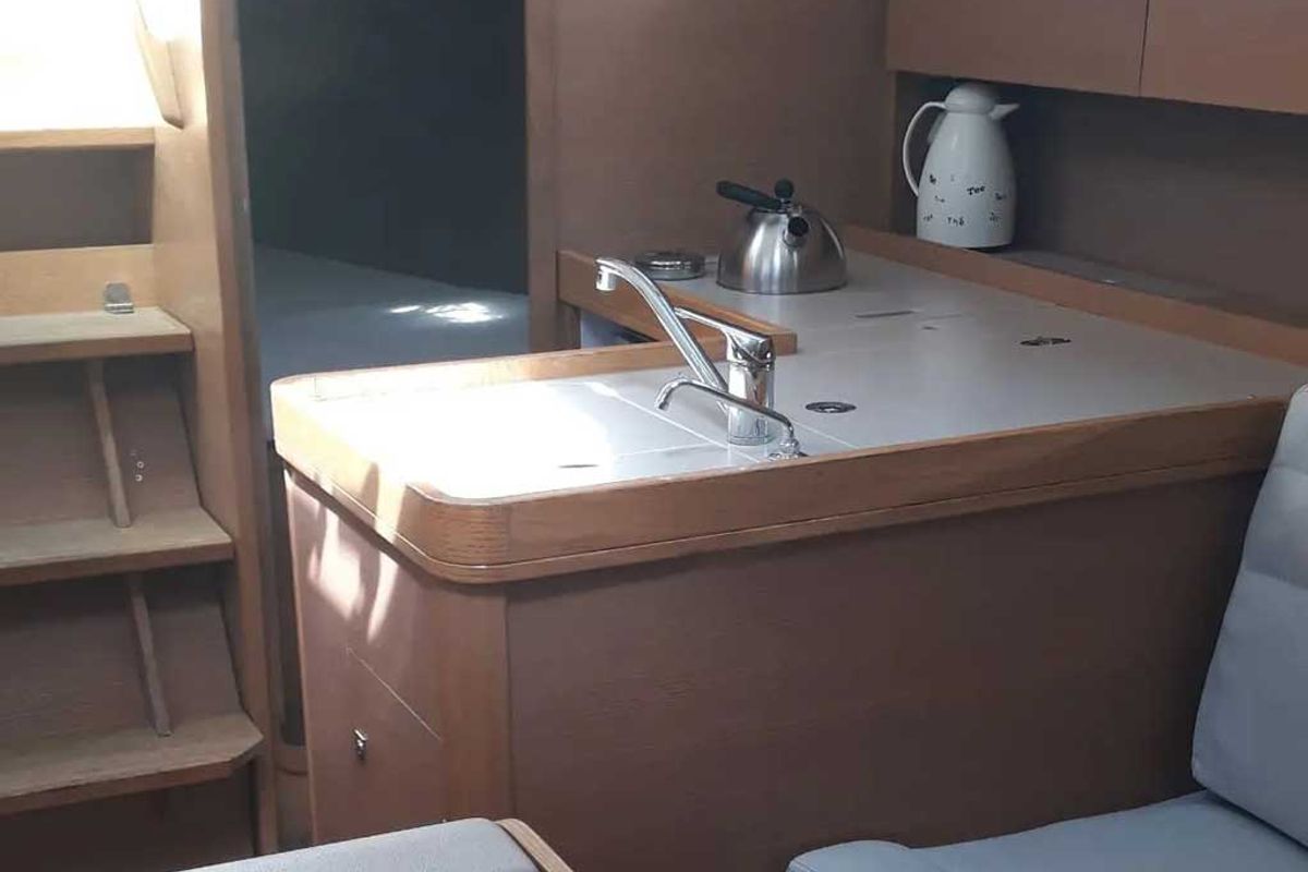 Galley of White Pearl, a Dufour 350 Grand Large sailboat at Marmaris, Turkey