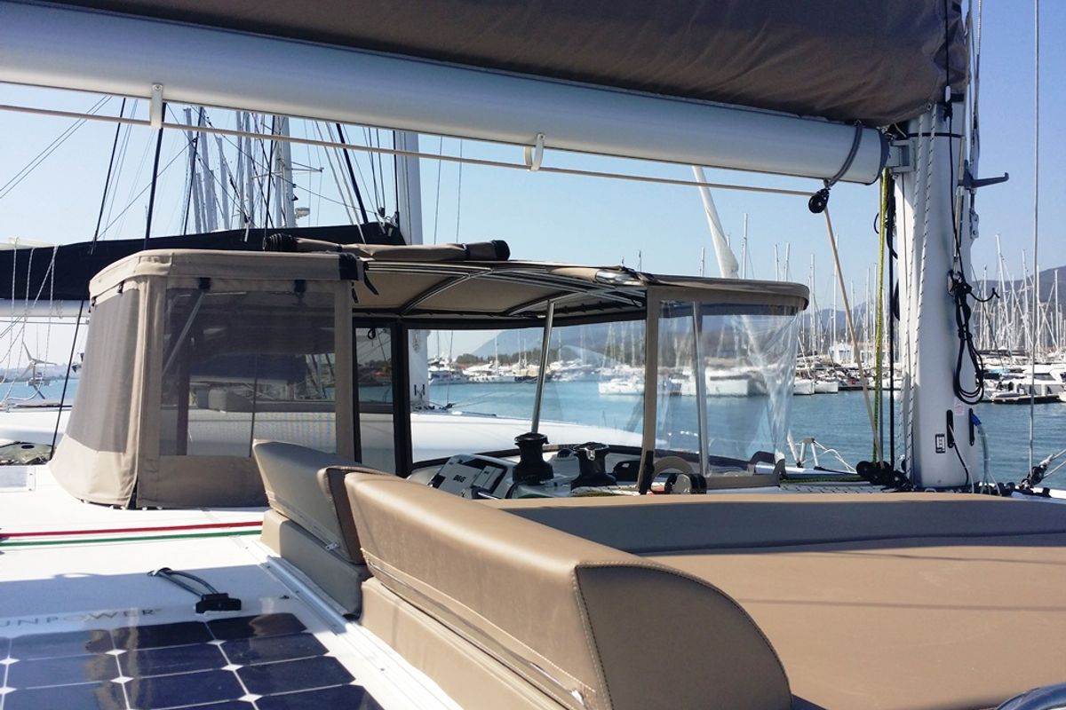 Deck of Zen, a Lagoon 42 catamaran at Municipal Unit of Nea Peramos, Greece