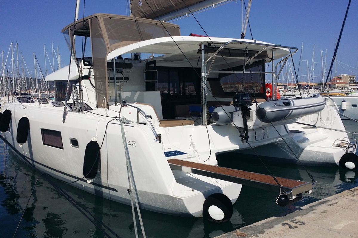 Exterior view of Zen, a Lagoon 42 catamaran at Municipal Unit of Nea Peramos, Greece