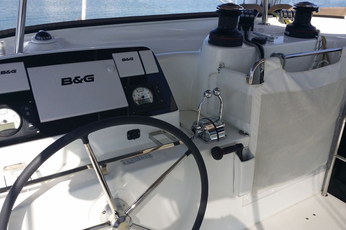 Cockpit of Zen, a Lagoon 42 catamaran at Municipal Unit of Nea Peramos, Greece