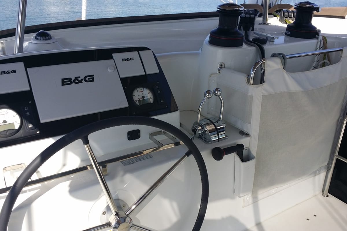 Cockpit of Zen, a Lagoon 42 catamaran at Municipal Unit of Nea Peramos, Greece