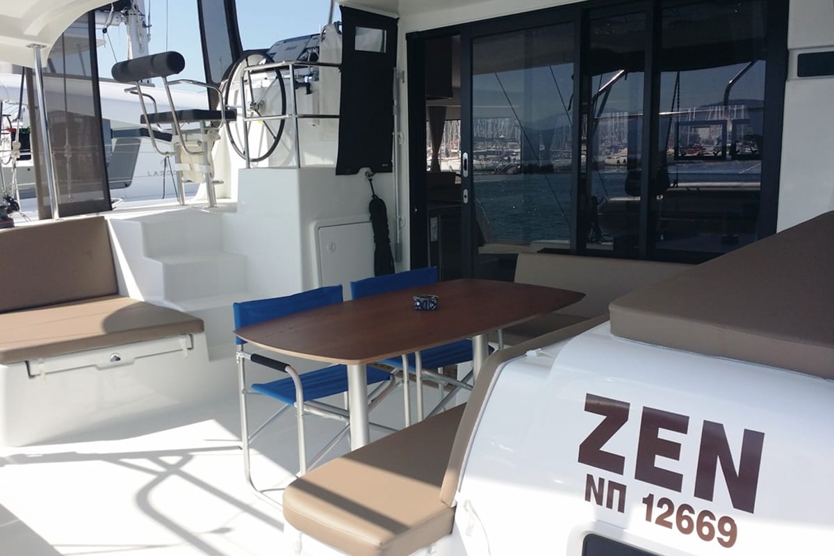 Deck of Zen, a Lagoon 42 catamaran at Municipal Unit of Nea Peramos, Greece