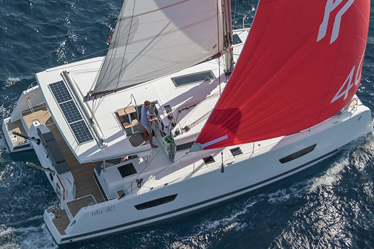 Exterior view of Blue Serenity, a Fountaine Pajot Isla 40 catamaran at Parikia, Greece