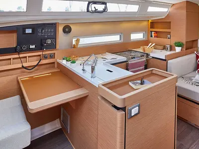 Galley of Sunsail 410 Classic, a Jeanneau Sun Odyssey 410 sailboat at Gouvia, Greece