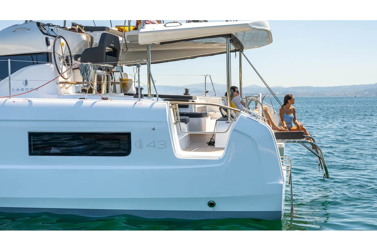 Exterior view of Zen Island, a Lagoon 43 catamaran at Gouvia, Greece