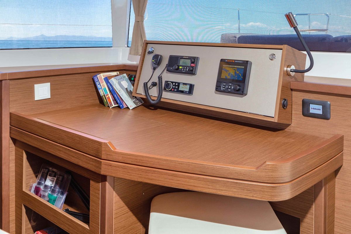 Cockpit of Alegria, a Lagoon 450 F catamaran at Athens, Greece