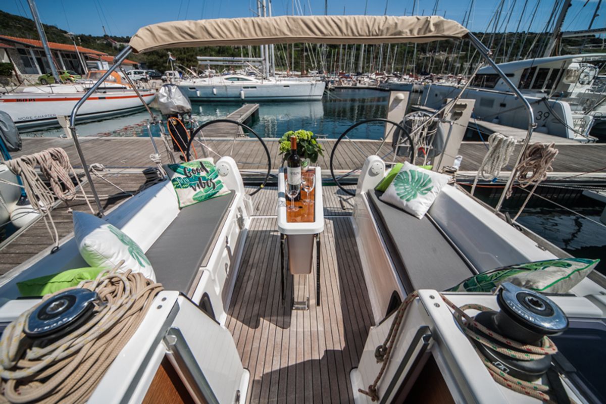 Deck of Ida, a Dufour 350 GL sailboat at Primošten, Croatia