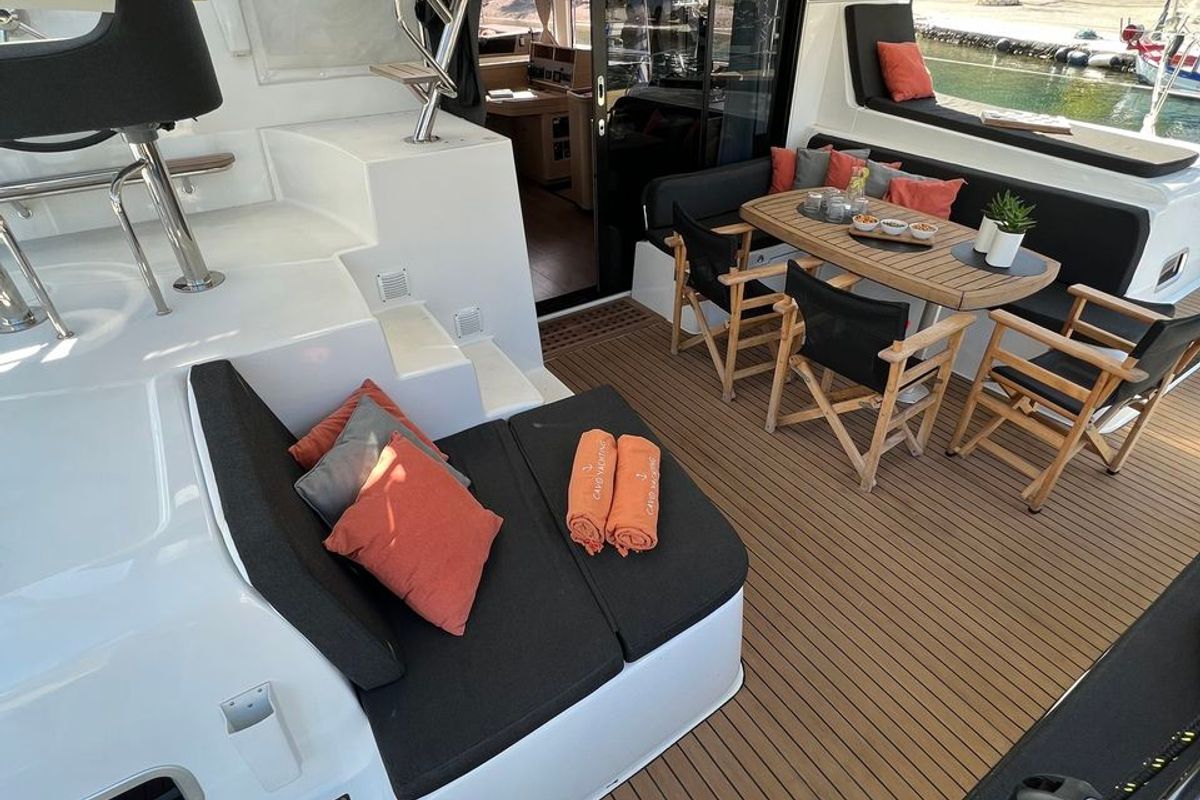 Deck of INCA, a Lagoon 42 catamaran at Municipal Unit of Lefkada, Greece