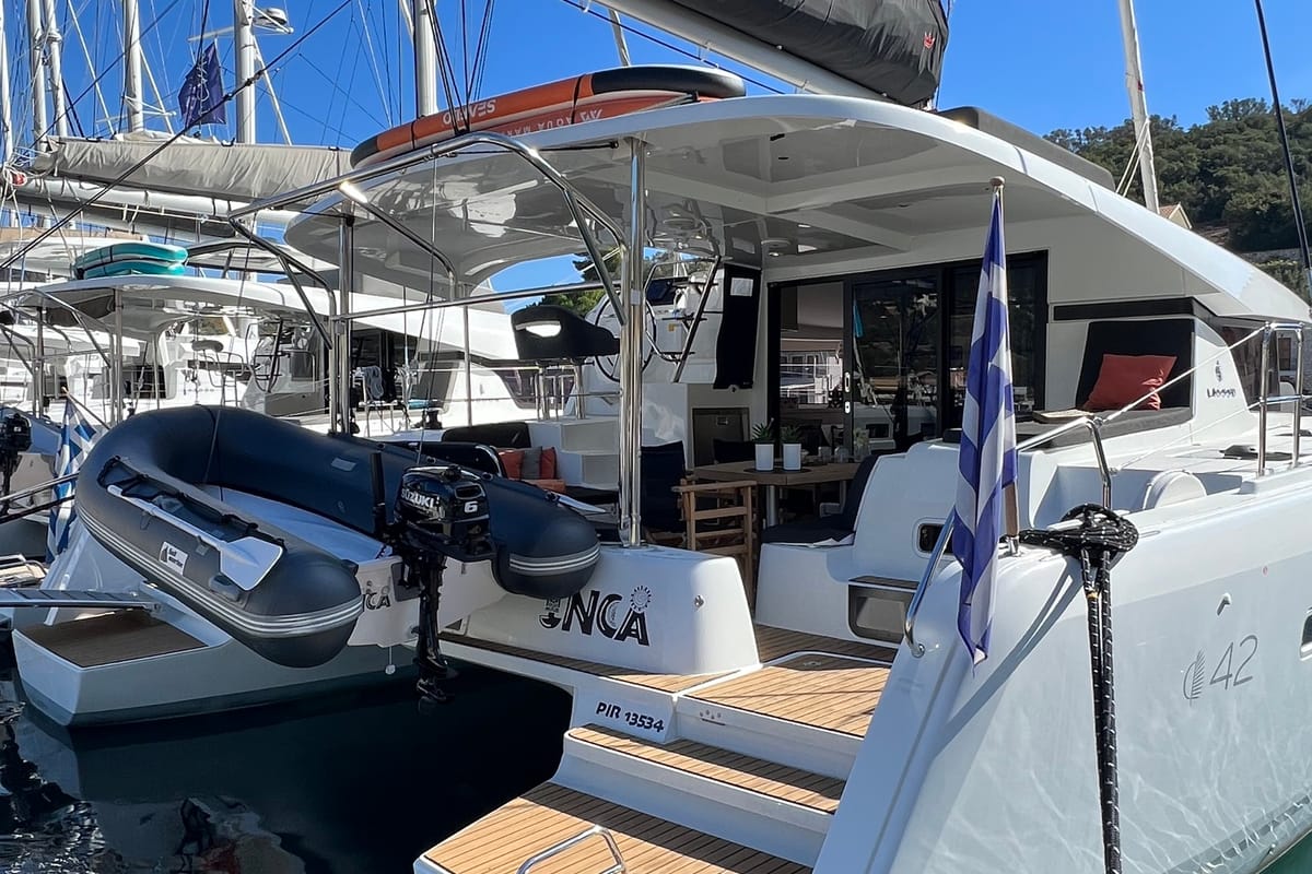 Exterior view of INCA, a Lagoon 42 catamaran at Municipal Unit of Lefkada, Greece