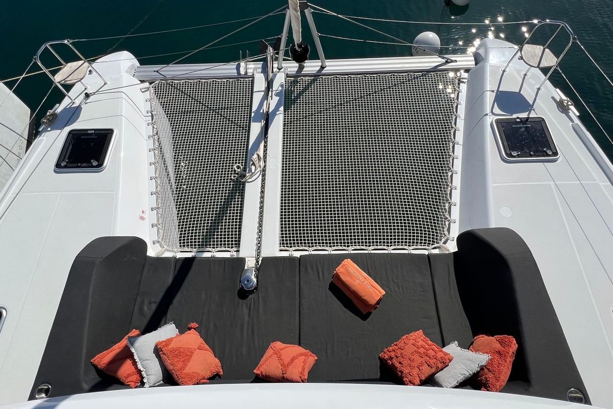 Deck of INCA, a Lagoon 42 catamaran at Municipal Unit of Lefkada, Greece