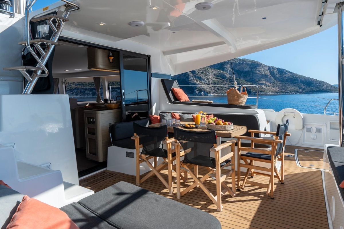 Deck of INCA, a Lagoon 42 catamaran at Municipal Unit of Lefkada, Greece