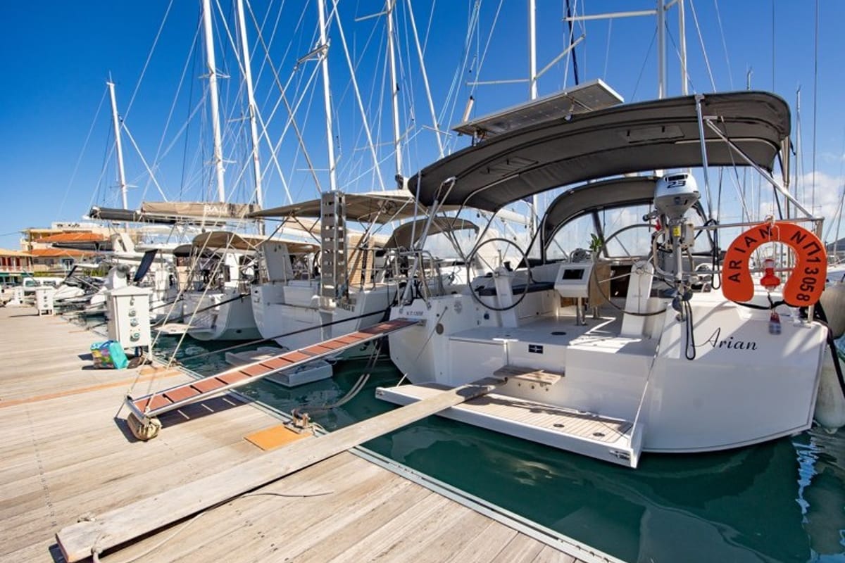 Exterior view of Arian, a Bavaria C42 sailboat at Municipal Unit of Lefkada, Greece