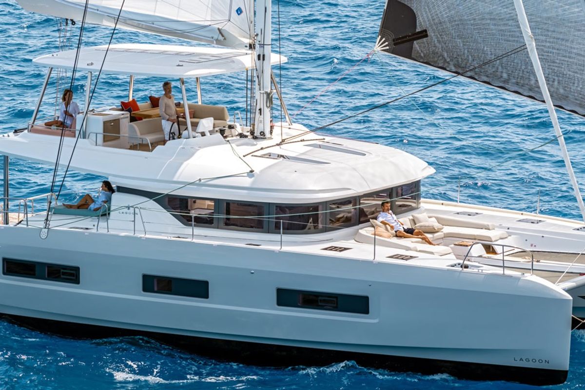 Exterior view of Enki, a Lagoon 55 catamaran at Fethiye, Turkey