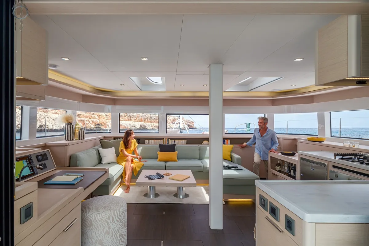 Salon of Enki, a Lagoon 55 catamaran at Fethiye, Turkey