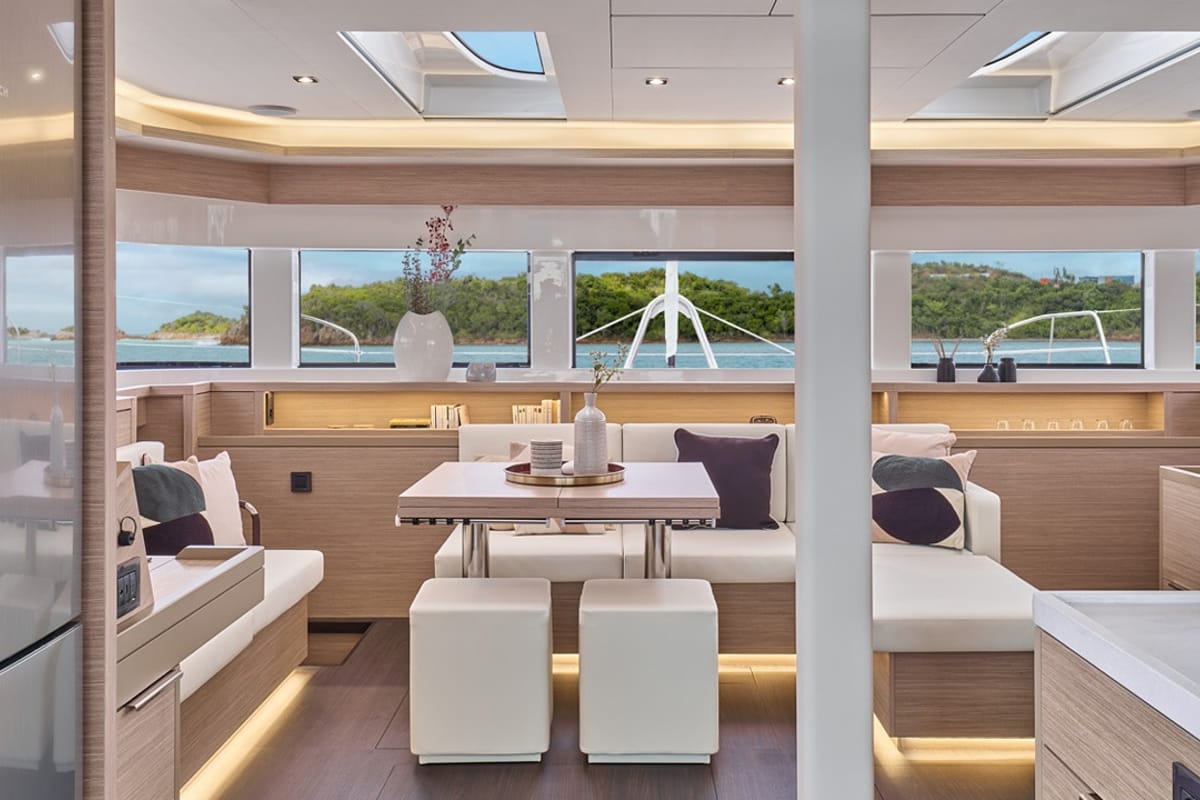 Salon of Enki, a Lagoon 55 catamaran at Fethiye, Turkey