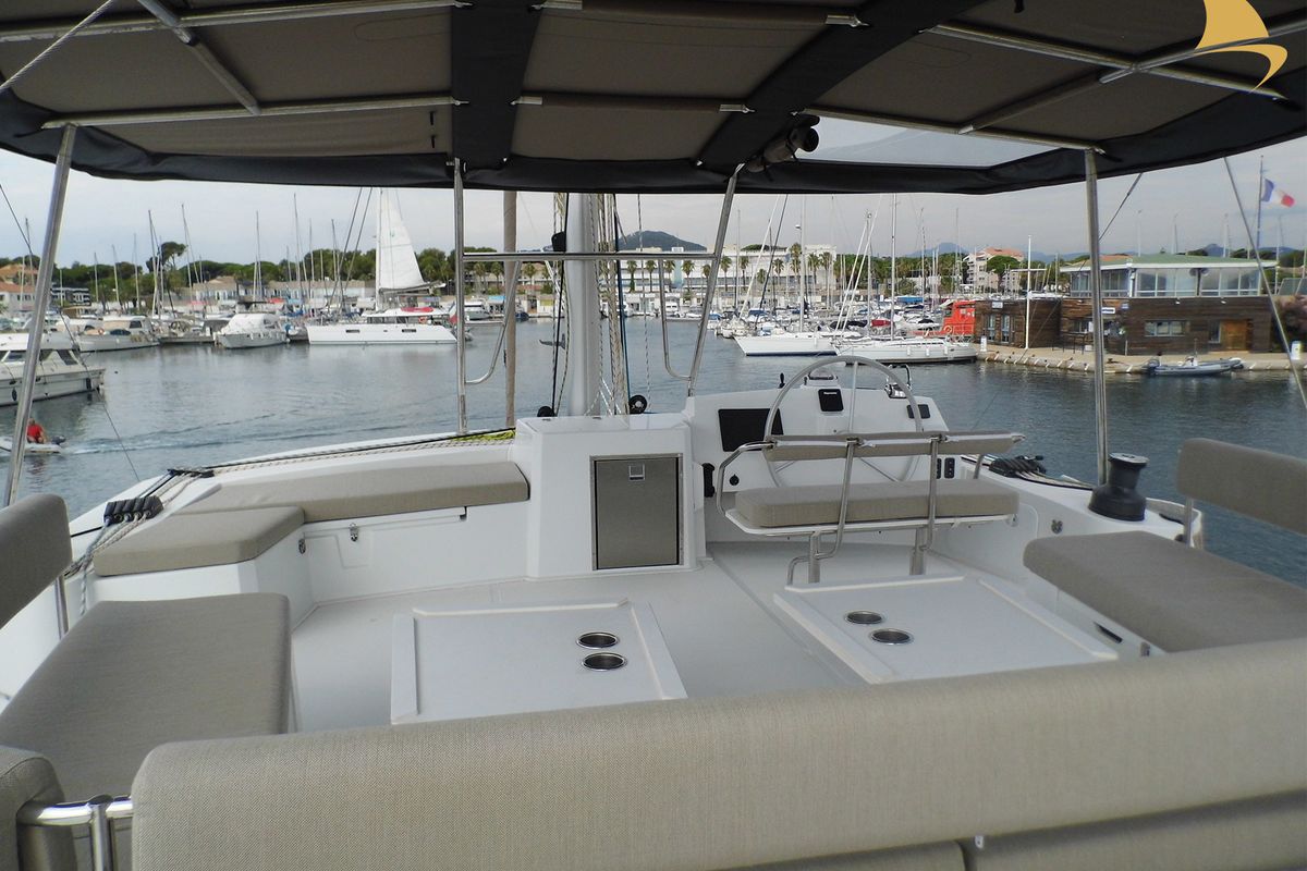 Cockpit of Koh I Noor, a Bali 5.4 catamaran at Ajaccio, France
