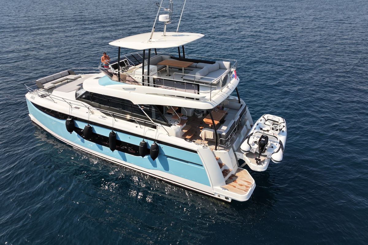 Exterior view of Diamond Si, a Prestige M48 catamaran at Općina Rogoznica, Croatia