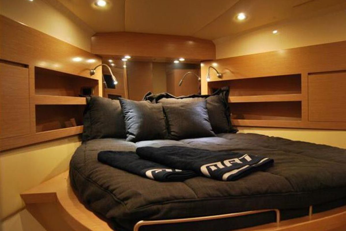 Cabin on Champagne Three, a Primatist G 46 motorboat at Cannigione, Italy