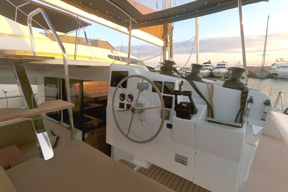 Cockpit of Summer Sun, a Fountaine Pajot Lucia 40 catamaran at Portimão, Portugal